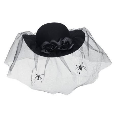 SOMBRERO VIUDA NEGRO CON ROSAS, VELO Y ARAÑAS" EN