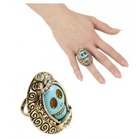 ANILLO DORADO CON CALAVERA AZUL