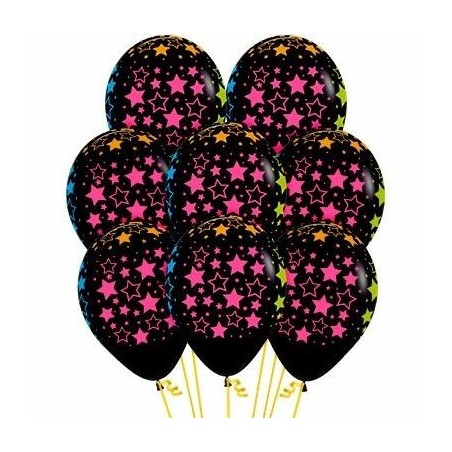 GLOBOS LÁTEX NEGROS CON ESTRELLAS NEÓN