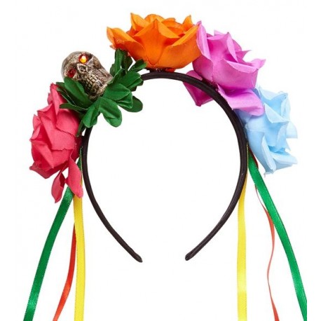 DIADEMA 5 ROSAS COLORES CON CALAVERA Y CINTAS