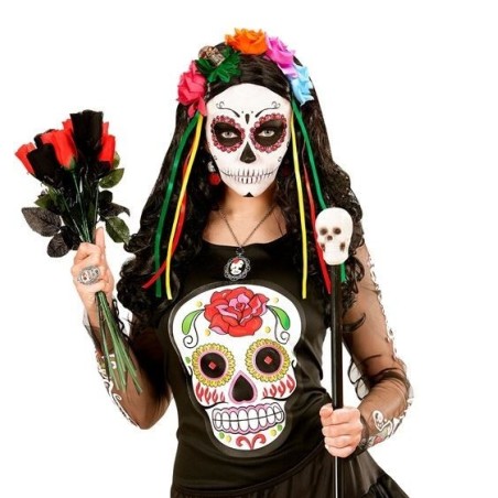 DIADEMA 5 ROSAS COLORES CON CALAVERA Y CINTAS