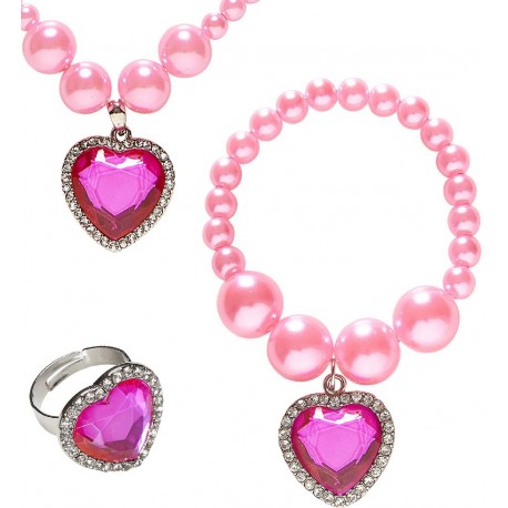 COLLAR, PULSERA Y ANILLO CORAZÓN ROSA INFANTIL