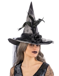 SOMBRERO DE BRUJA DE TELA CON FLORES Y PLUMAS