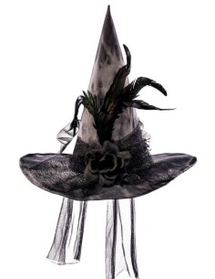 SOMBRERO DE BRUJA DE TELA CON FLORES Y PLUMAS 2