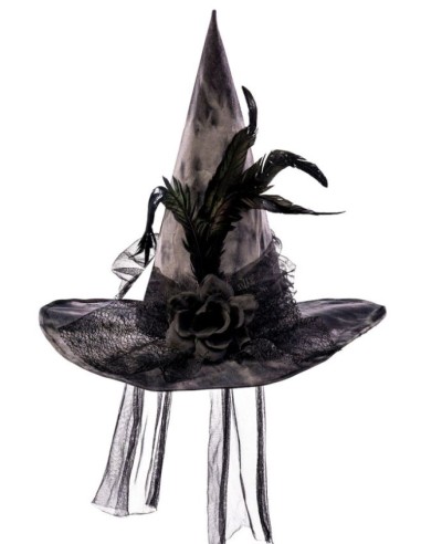 SOMBRERO DE BRUJA DE TELA CON FLORES Y PLUMAS