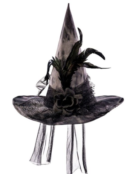 SOMBRERO DE BRUJA DE TELA CON FLORES Y PLUMAS