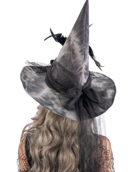 SOMBRERO DE BRUJA DE TELA CON FLORES Y PLUMAS