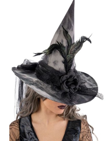 SOMBRERO DE BRUJA DE TELA CON FLORES Y PLUMAS