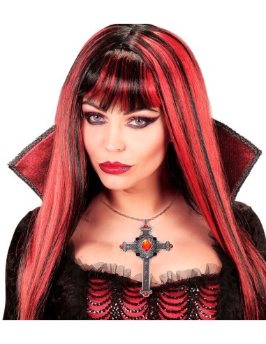 COLLAR CRUZ GÓTICA GEMAS ROJAS