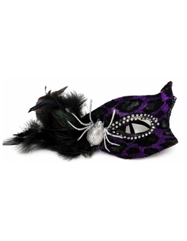 ANTIFAZ VIOLETA CON PLUMAS Y ARAÑA PLATA