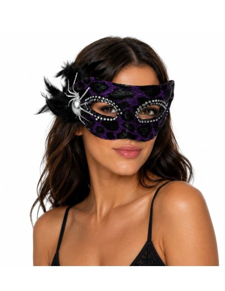 ANTIFAZ VIOLETA CON PLUMAS Y ARAÑA PLATA