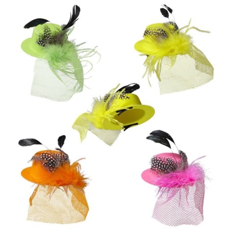MINI SOMBRERO FLUORESCENTE CON PLUMAS           